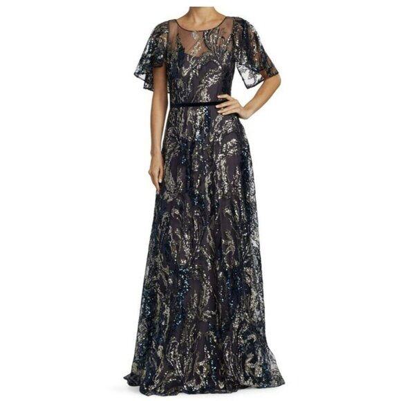Marchesa Notte $1395 Sequins Blue Cape Sleeve Formal Gown Dress NEW Sz 2 - Picture 1 of 11